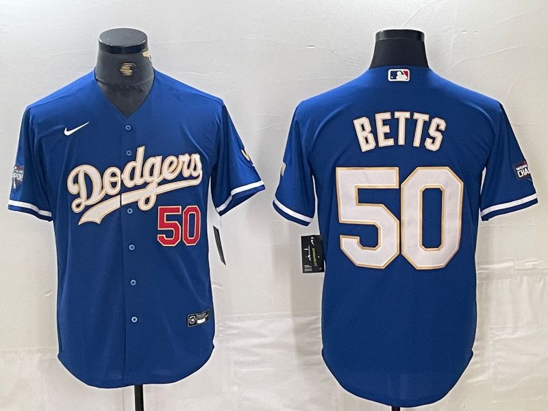 Men Los Angeles Dodgers 50 Betts Blue Gold Nike Game MLB Jersey style 1